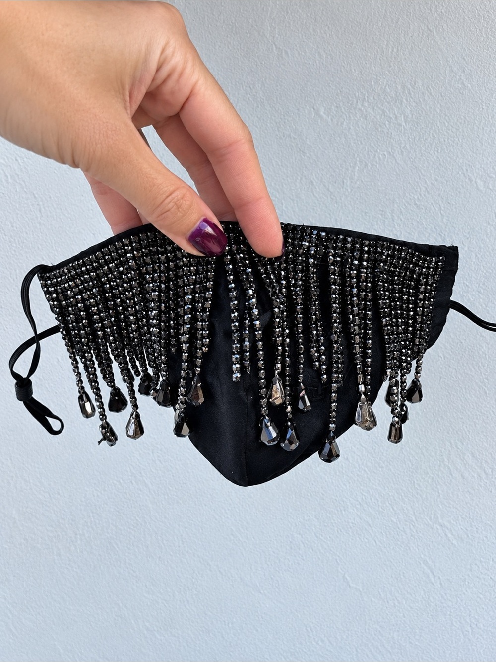Black Beaded Fringe Face Mask - Elegant Women's Accessory